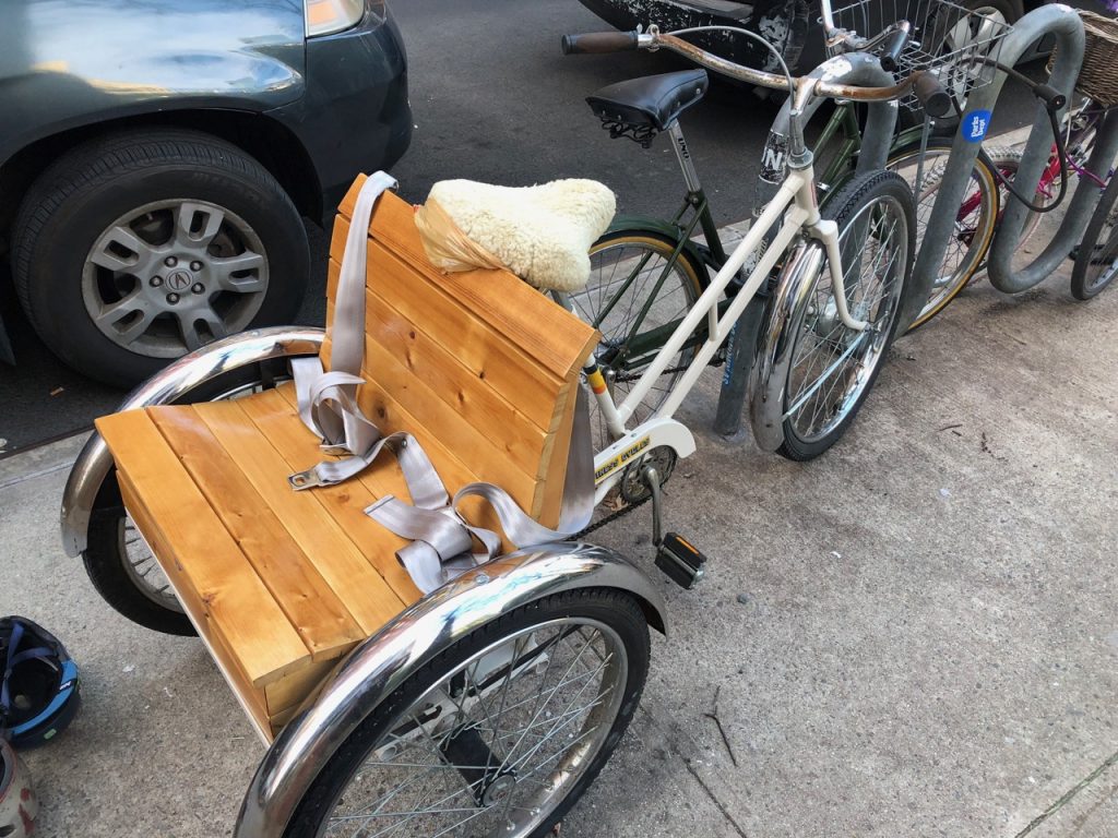 Adult tricycle white with wooden kid bench